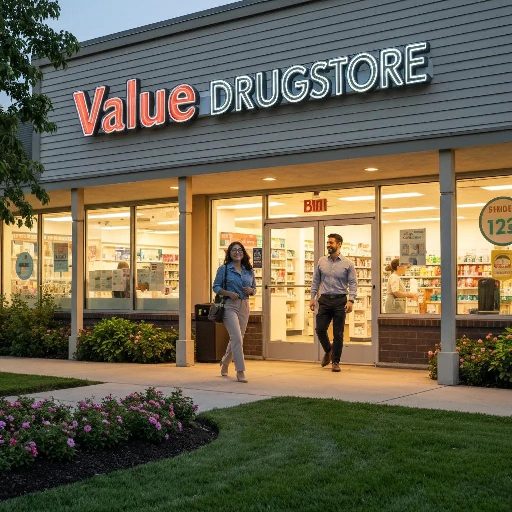 Exterior of Value Drugstore with customers entering, highlighting community pharmacy services