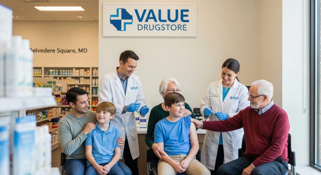 Family receiving flu shots at a pharmacy at VALUE DRUGSTORE in Belvedere Square, MD