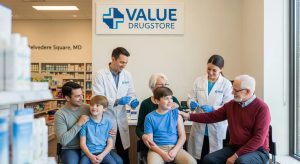 Family receiving flu shots at a pharmacy at VALUE DRUGSTORE in Belvedere Square, MD