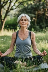 Middle-aged woman practicing yoga outdoors, illustrating how hormone replacement therapy can support weight and wellness