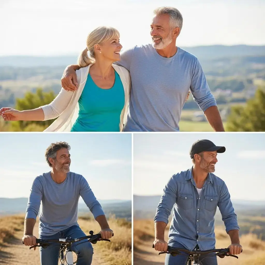 Active couple outdoors enjoying life — example of improved quality of life with hormone care