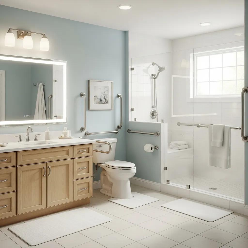 Bathroom with grab bars and a non-slip mat installed to improve safety for seniors