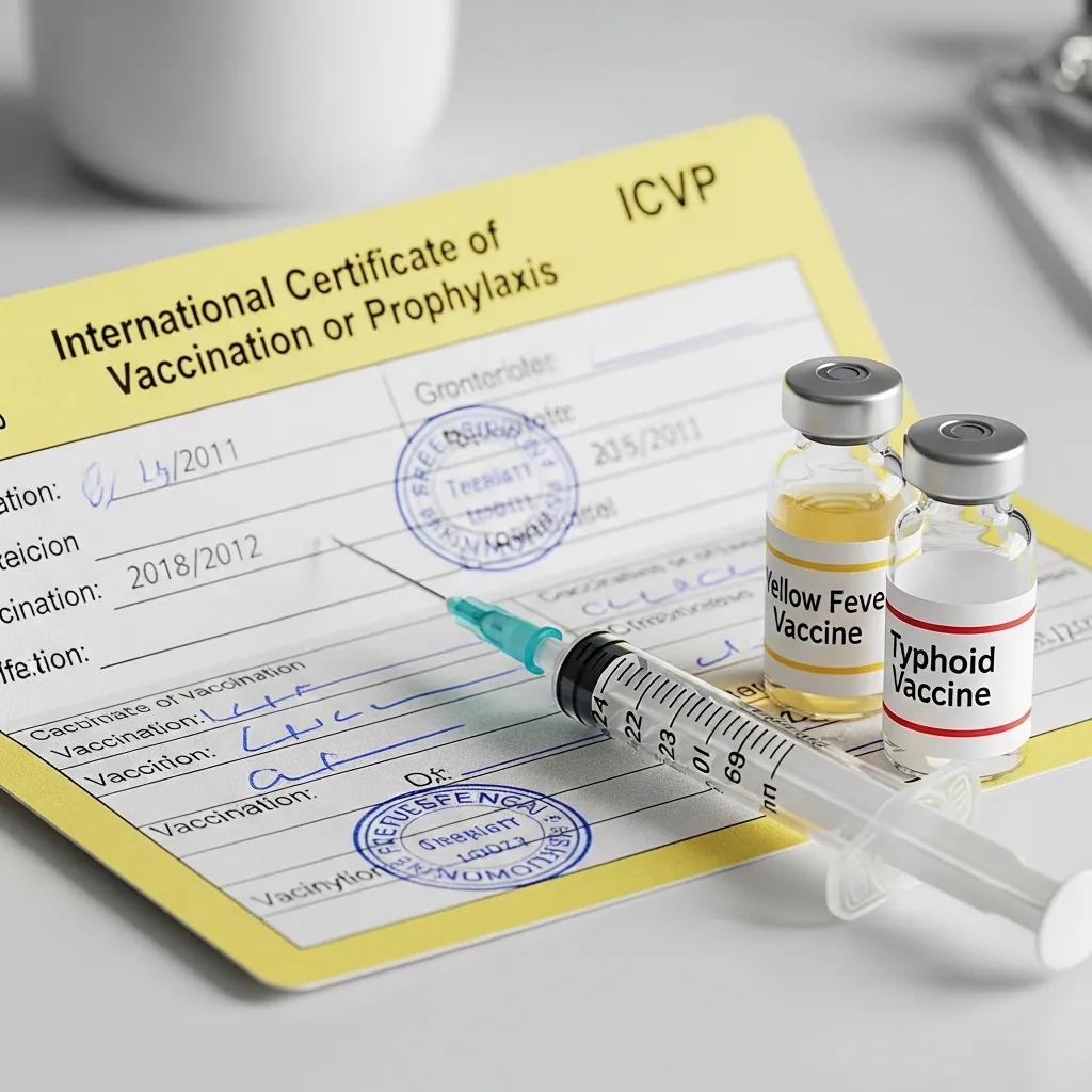 Close-up of a travel vaccination card with a syringe and vaccine vials