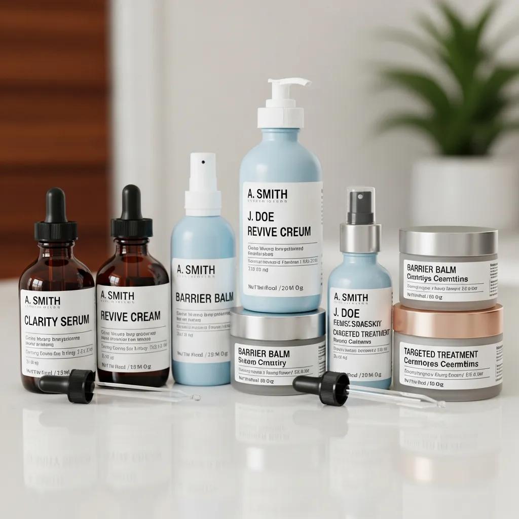 Close-up of personalized dermatology prescription bottles and cream tubes ready for patient use