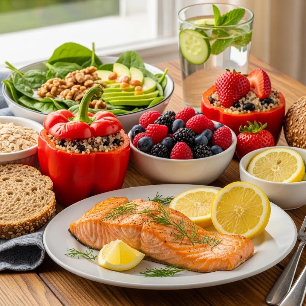 A neatly arranged spread of heart-friendly foods—whole grains, colorful vegetables, fruits—showing easy choices for daily meals
