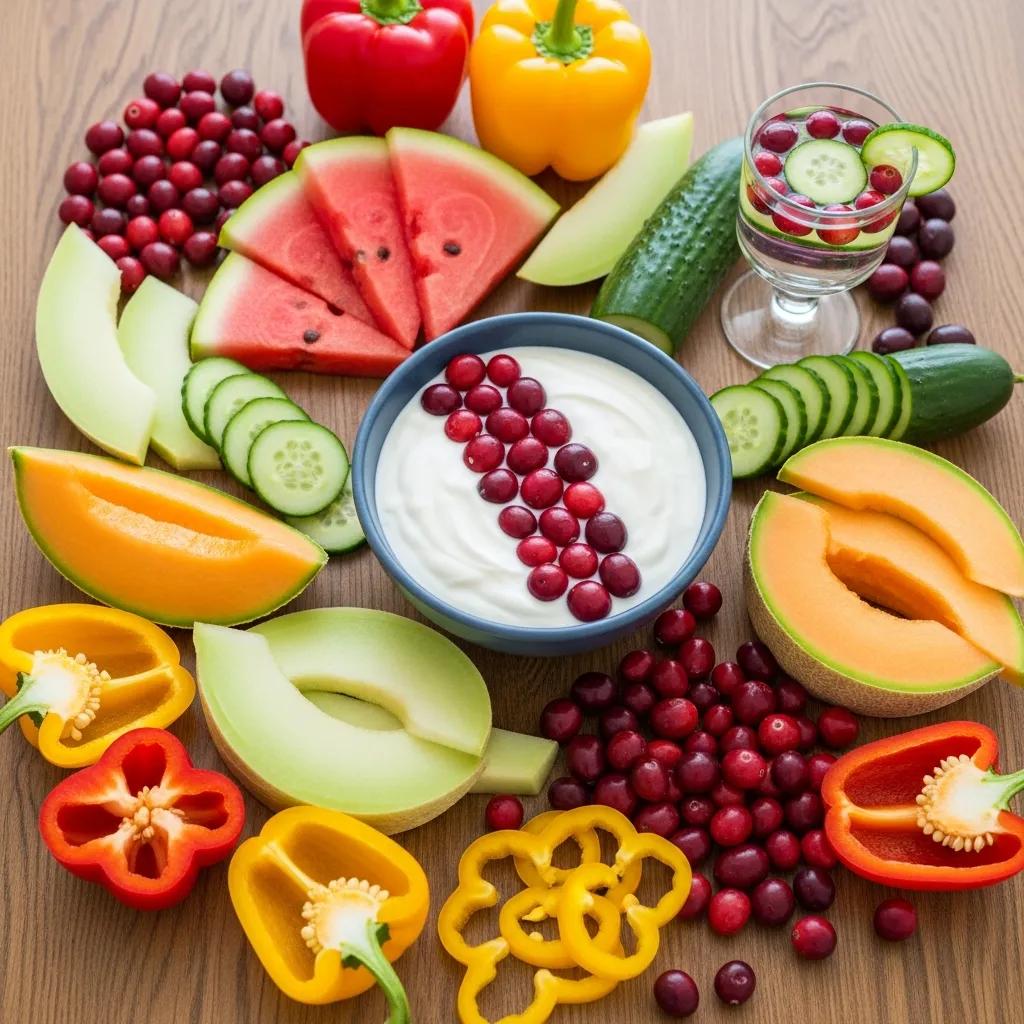 Colorful display of healthy foods including cranberries, yogurt, and water-rich fruits for UTI prevention