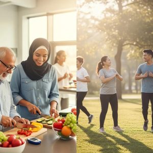 Diverse group of people engaging in healthy activities for diabetes awareness and prevention