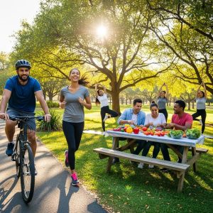 Diverse group of people enjoying heart-healthy activities in a sunny park, emphasizing cardiovascular wellness