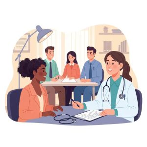 Diverse group of people in a doctor's office discussing annual check-ups with a healthcare professional