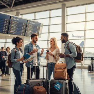 Diverse group of travelers preparing for an international trip at an airport