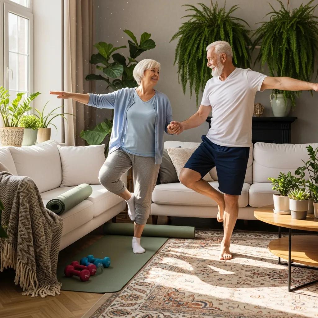 Elderly couple practicing balance exercises in a cozy living room, promoting fall prevention strategies