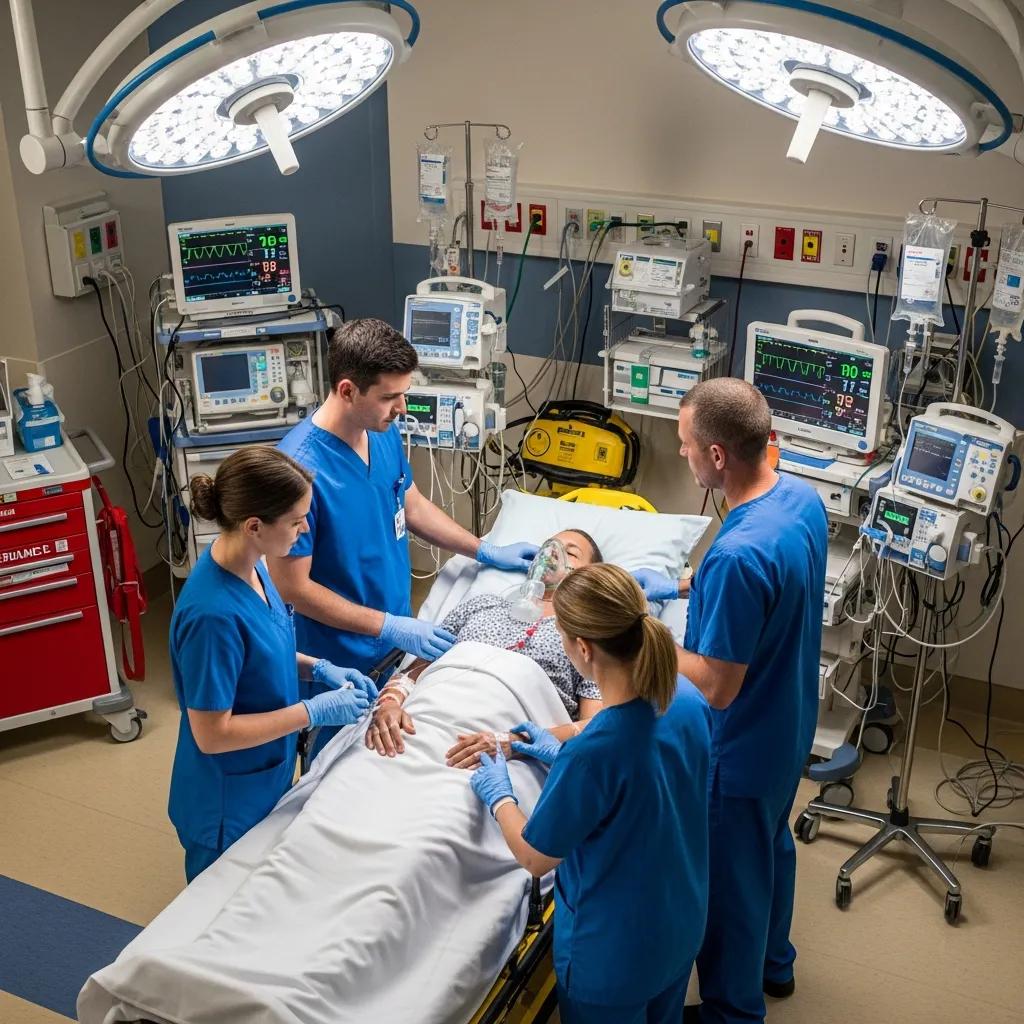 Emergency room scene with healthcare professionals treating a critically ill patient