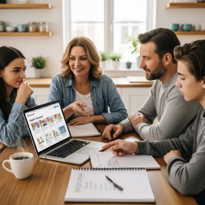 Family discussing health insurance options at a kitchen table with documents and a laptop