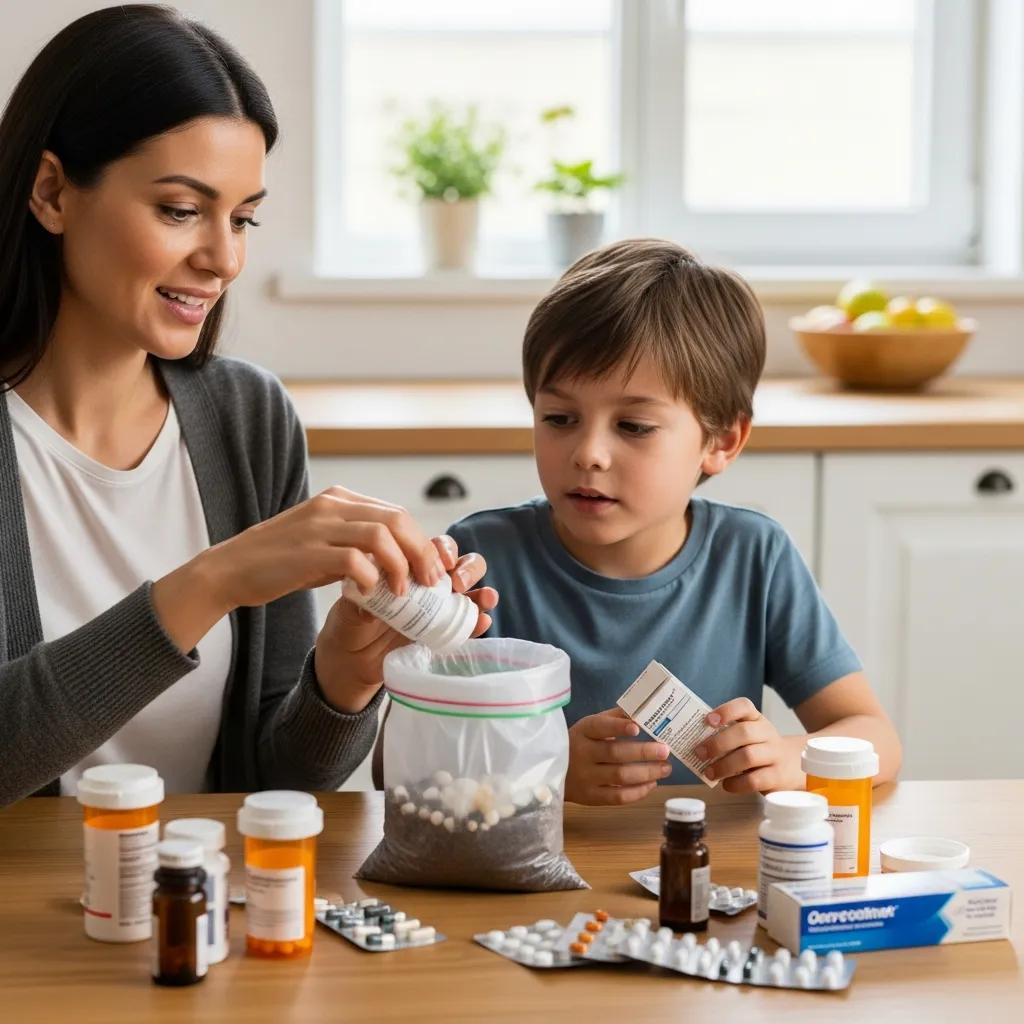 Family safely disposing of medications at home, emphasizing responsible drug disposal practices