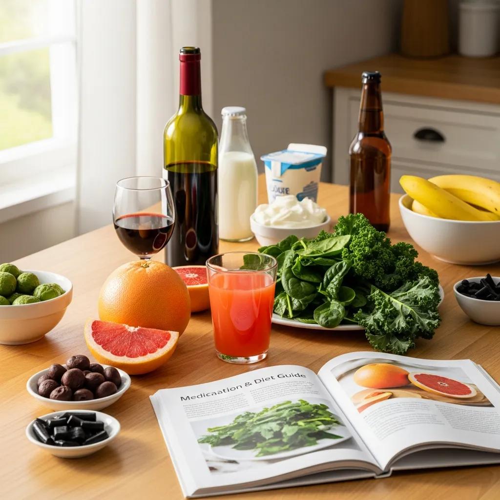 Foods that commonly interact with medicines such as grapefruit, leafy greens, and alcohol