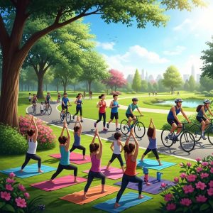 Group of diverse individuals exercising outdoors, showcasing the benefits of regular physical activity