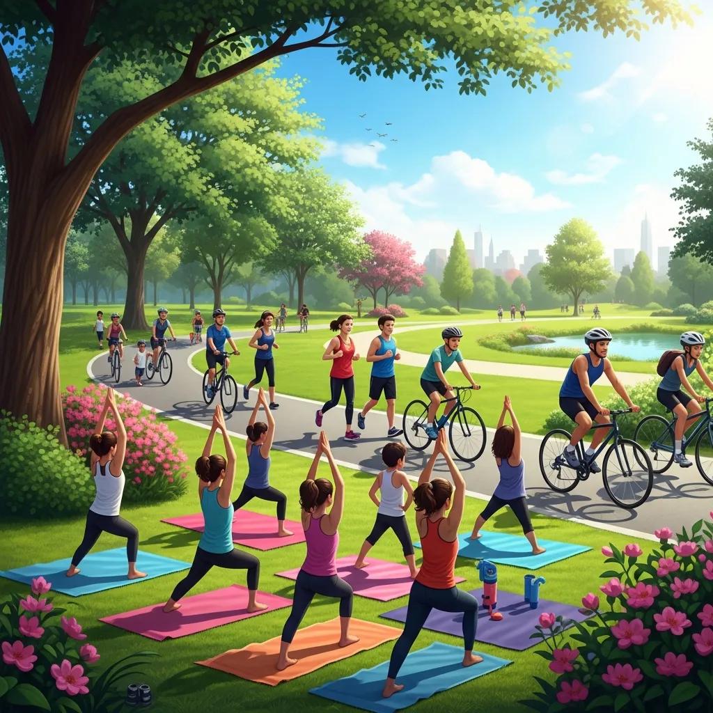 Group of diverse individuals exercising outdoors, showcasing the benefits of regular physical activity