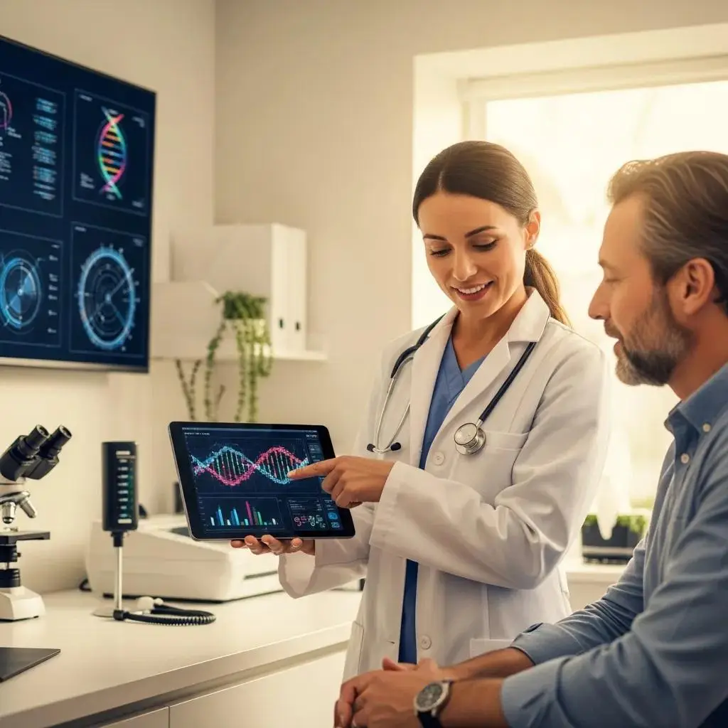 Healthcare professional explaining personalized medicine concepts to a patient in a modern clinic setting
