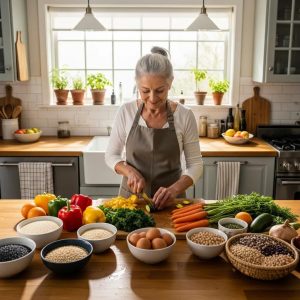 Healthy meal preparation for seniors with colorful fruits, vegetables, and protein sources in a bright kitchen