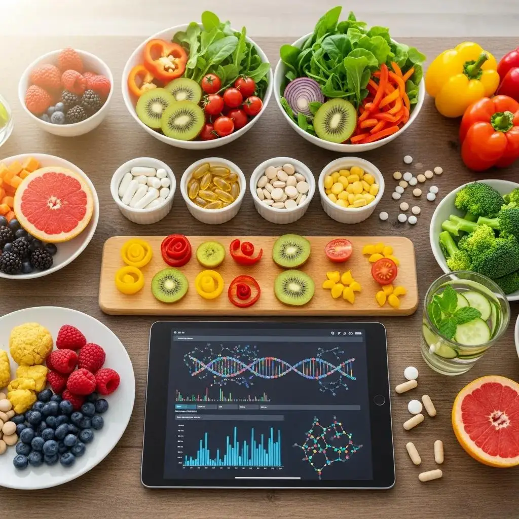 Healthy meal spread and genomic data on a tablet illustrating precision nutrition