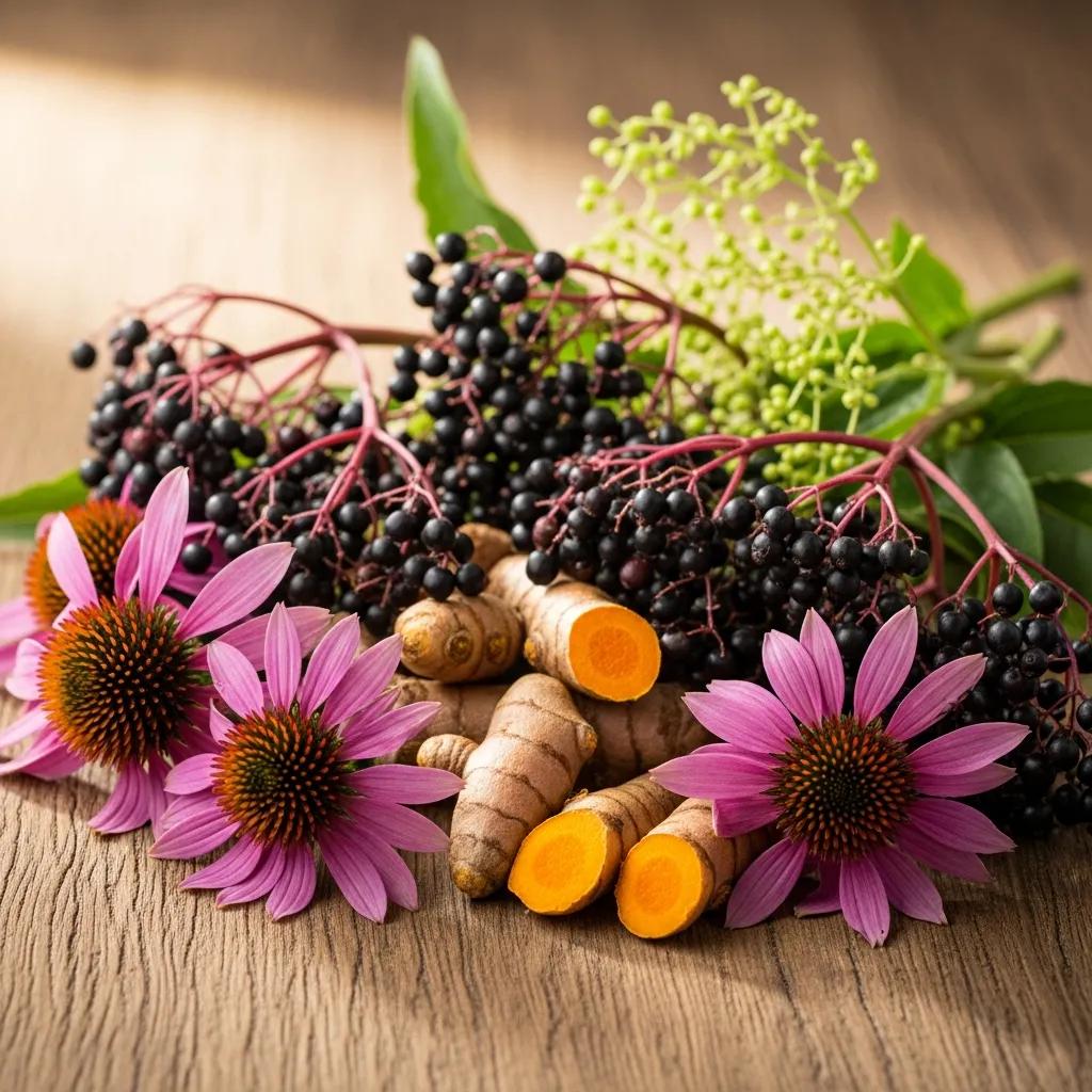 Herbal supplements such as echinacea, elderberry, and turmeric arranged for natural immunity