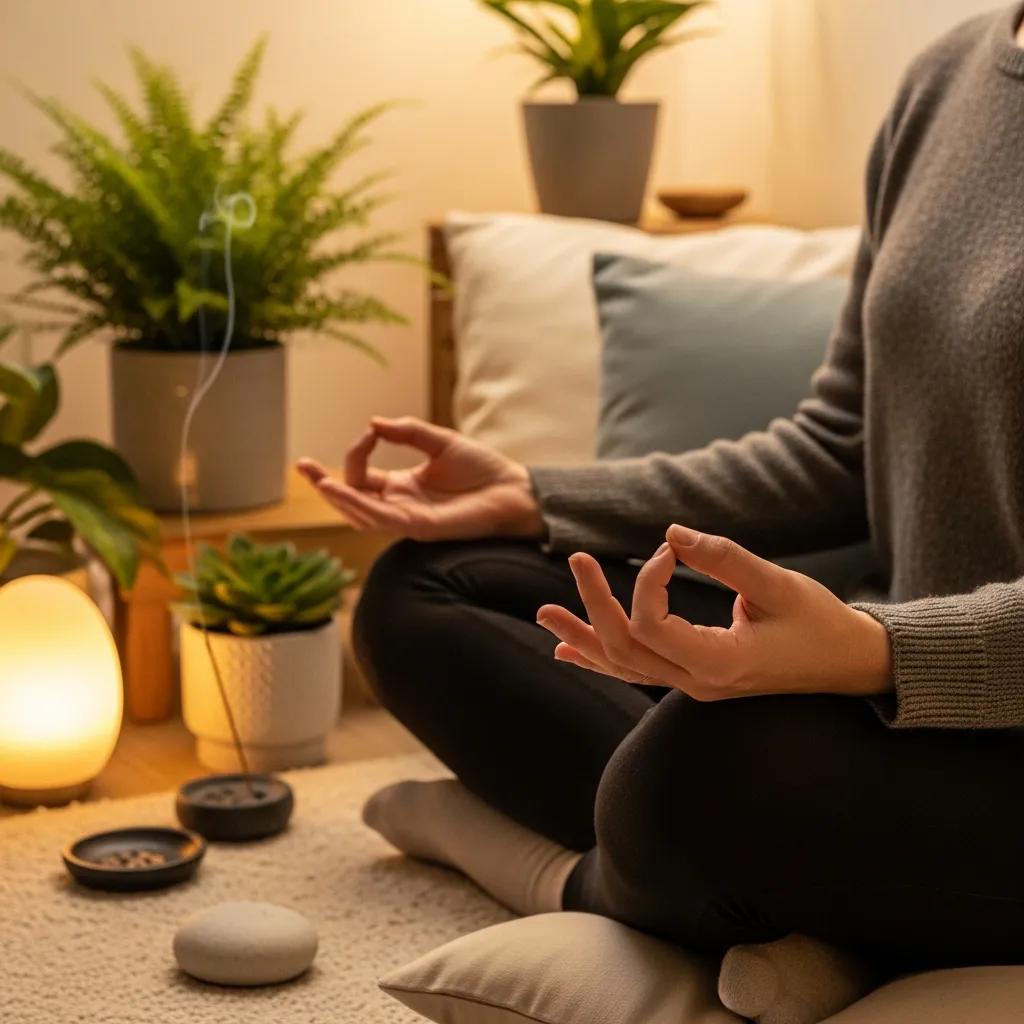 Person sitting quietly and meditating indoors, surrounded by plants