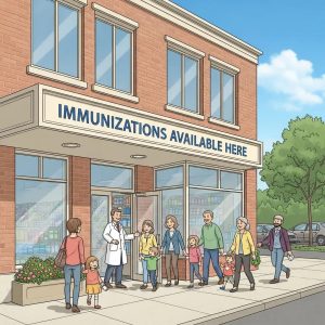 Local pharmacy offering immunization services with a welcoming entrance and community members