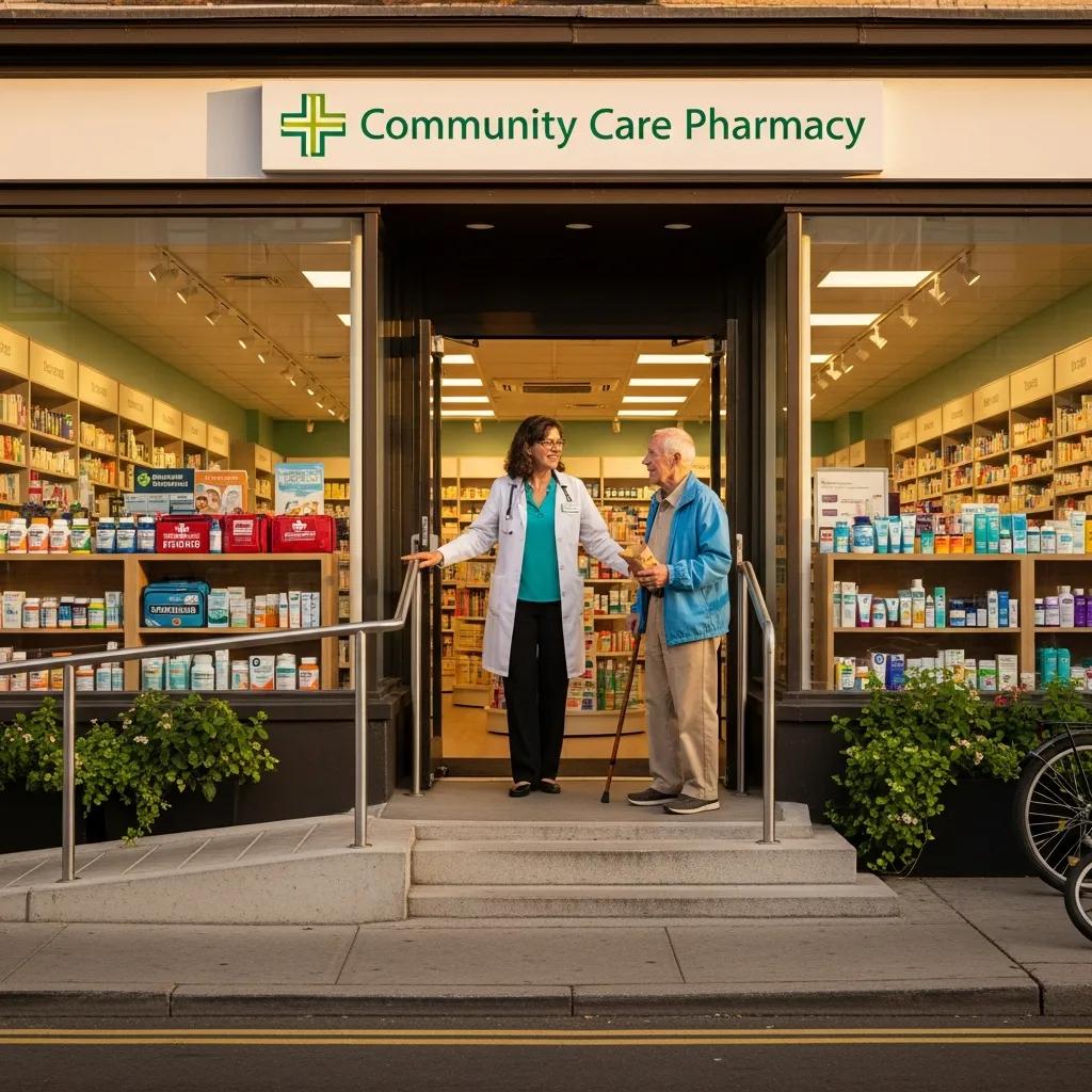 Local pharmacy storefront with pharmacist assisting a customer, highlighting community health services