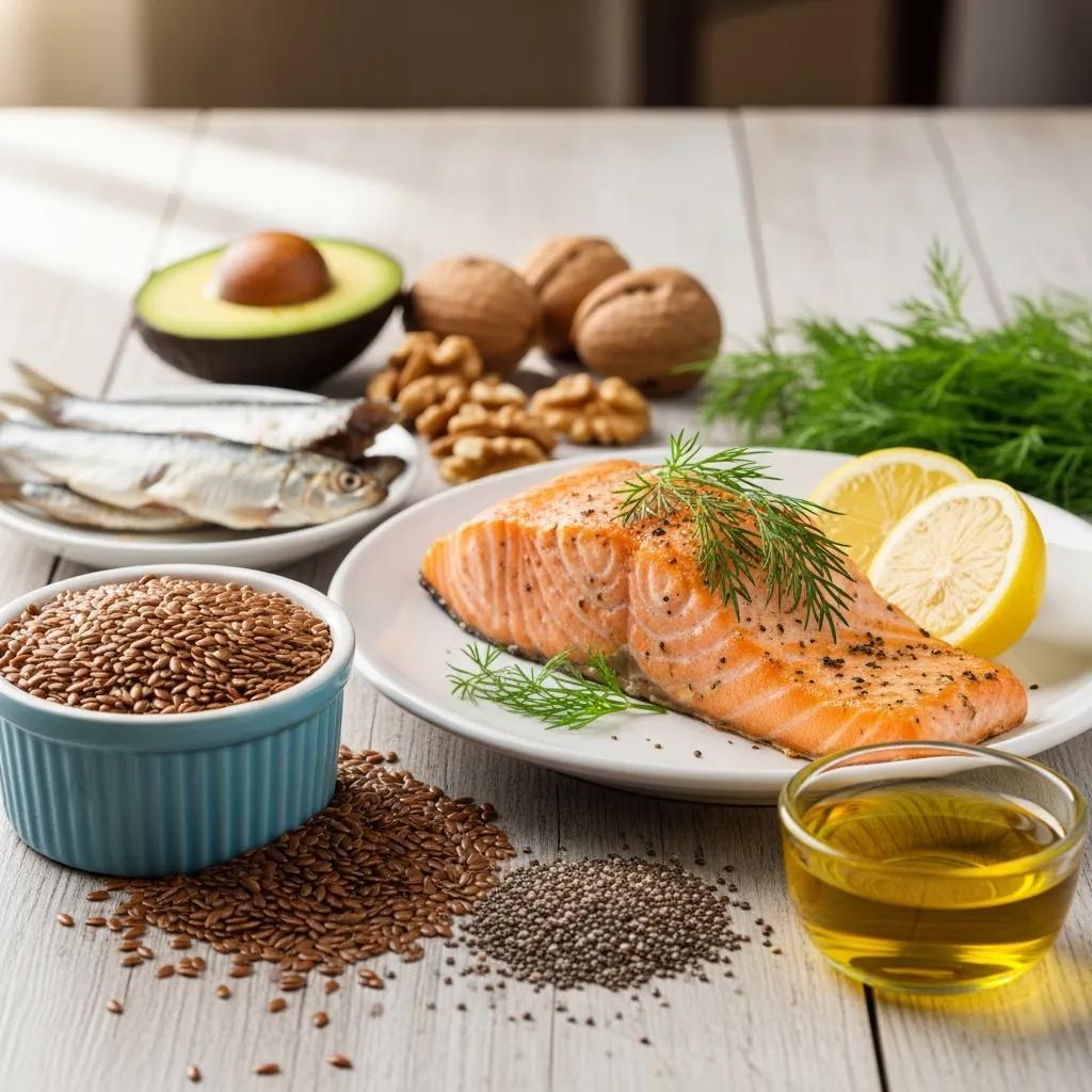 Natural food sources of omega-3 fatty acids including salmon, flaxseeds, and algal oil