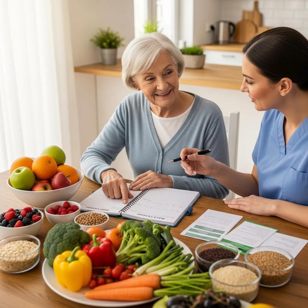 Older adult and caregiver planning healthy meals together with various nutritious food options