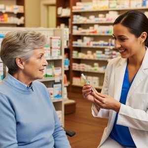 Older adult receiving pneumonia vaccine from pharmacist in a community pharmacy