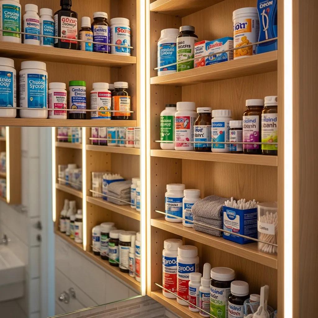 Organized medicine cabinet showcasing child-proof medication containers in a warm, family-friendly setting