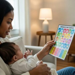 Parent and baby engaging with a colorful immunization schedule, highlighting the importance of childhood vaccines