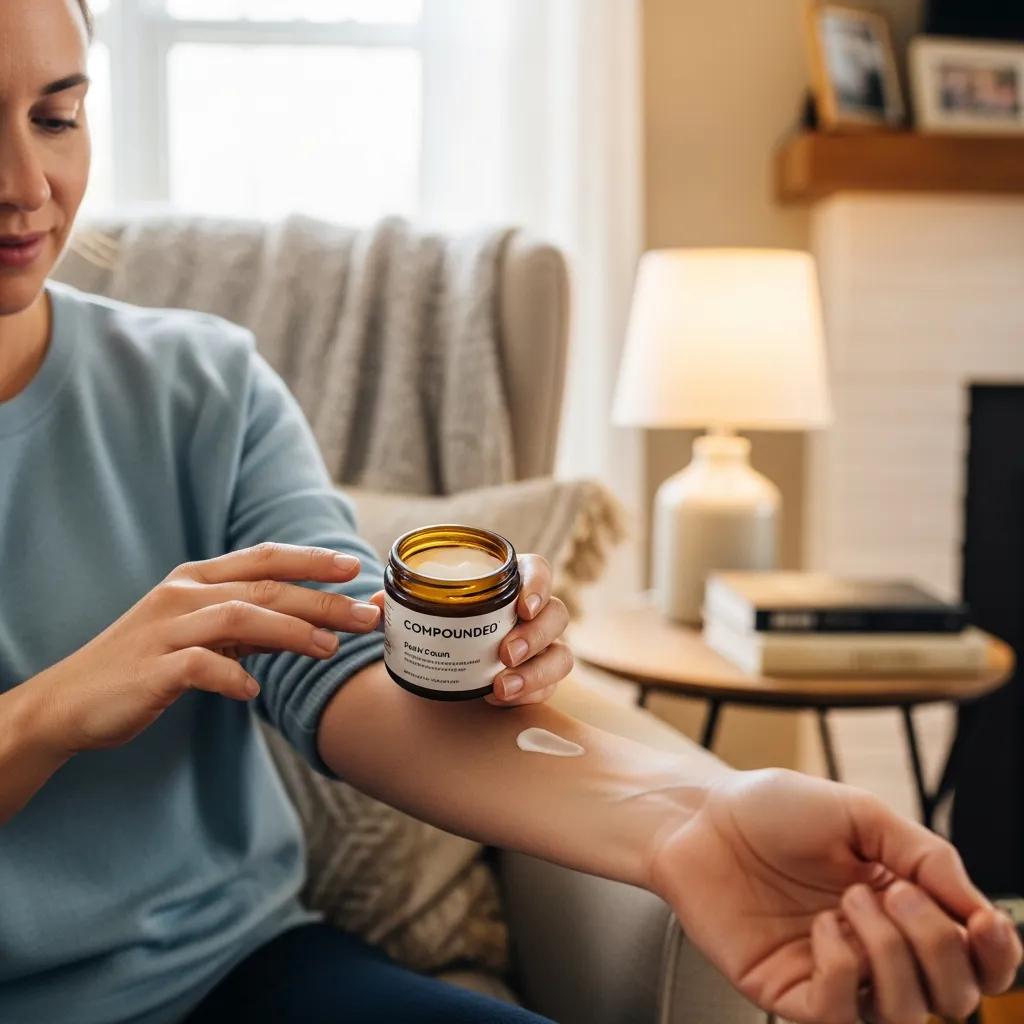 Patient applying a personalized compounded topical pain cream at home