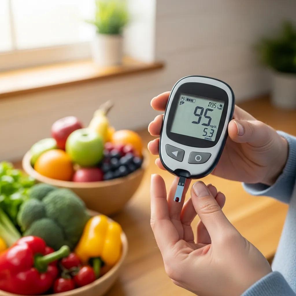 Person using a glucose meter in a kitchen, checking blood sugar
