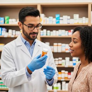 Pharmacist assisting a patient with medication information in a modern pharmacy