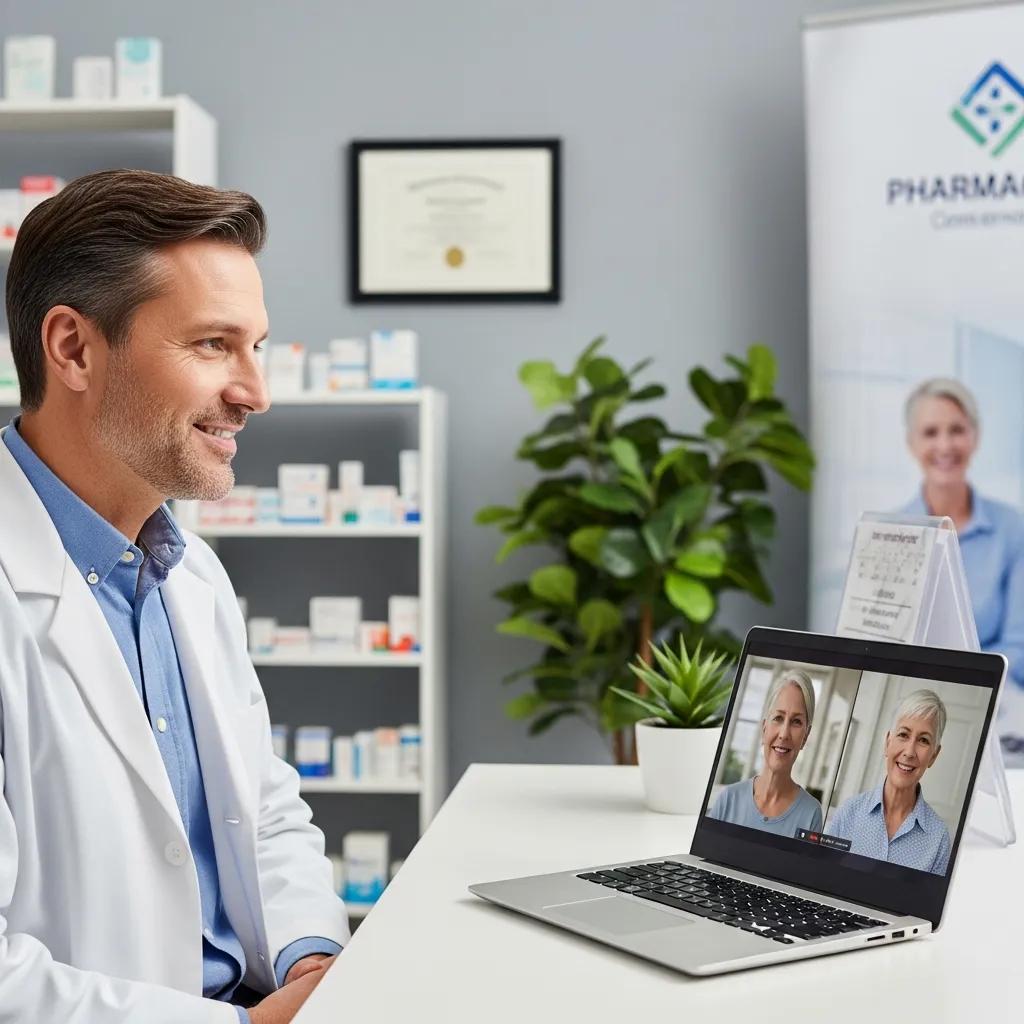 Pharmacist on a telehealth video call with a patient, demonstrating modern, accessible care