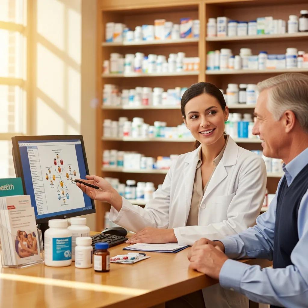 Pharmacist consulting with a patient about medication safety and drug interactions