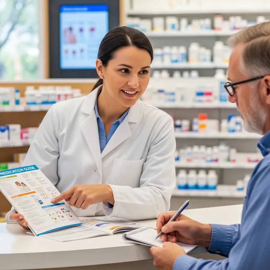 Pharmacist consulting with a patient about medication safety and usage