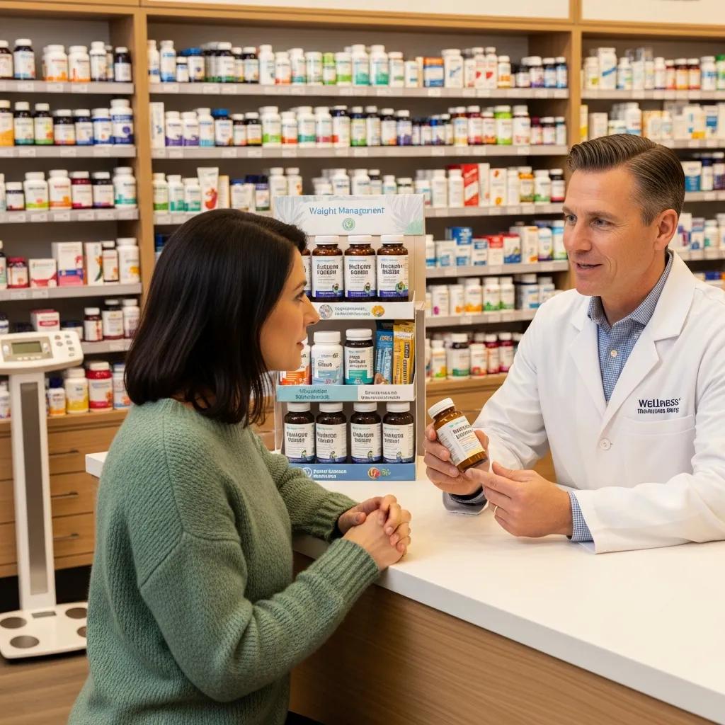 Pharmacist discussing weight-management medication and plan with a patient in a private consultation area