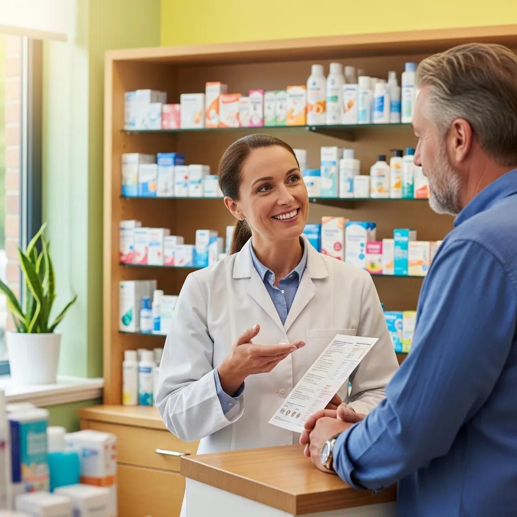 Pharmacist and patient reviewing medications together in a pharmacy consultation area