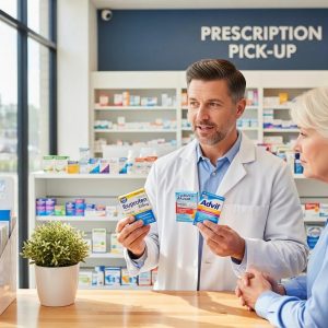 Pharmacist discussing generic and brand name drugs with a patient in a pharmacy