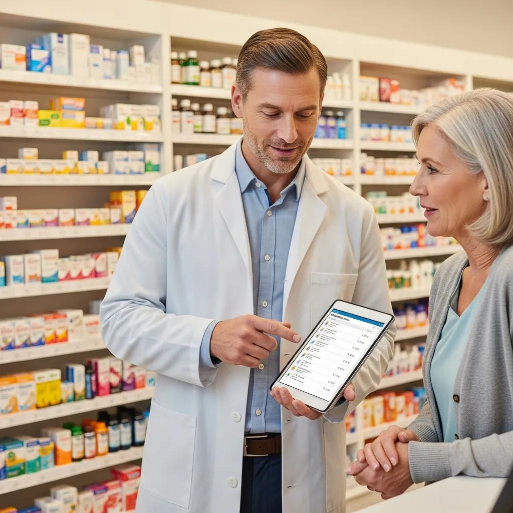 Pharmacist talking with a patient about vaccine options in a friendly community pharmacy