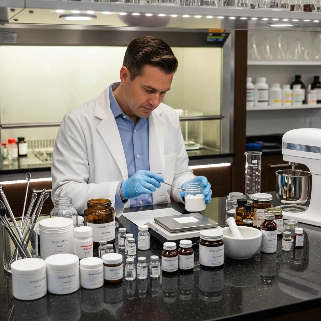 Pharmacist preparing compounded medications with various ingredients in a modern pharmacy
