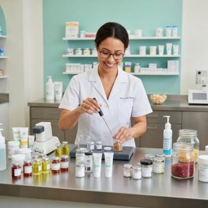 Pharmacist preparing a personalized compound with colorful ingredients in a modern pharmacy setting