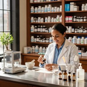 Pharmacist preparing personalized medication in a warm pharmacy setting