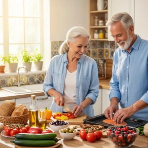 Senior couple cooking a Mediterranean meal with fresh vegetables and fish, promoting cognitive health