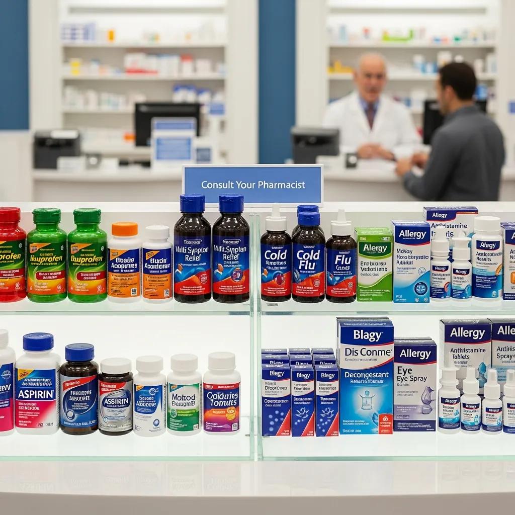 Variety of over-the-counter medications displayed on a pharmacy counter