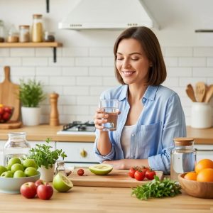 Woman holding a glass of water surrounded by fresh fruits and herbs, promoting hydration for UTI prevention