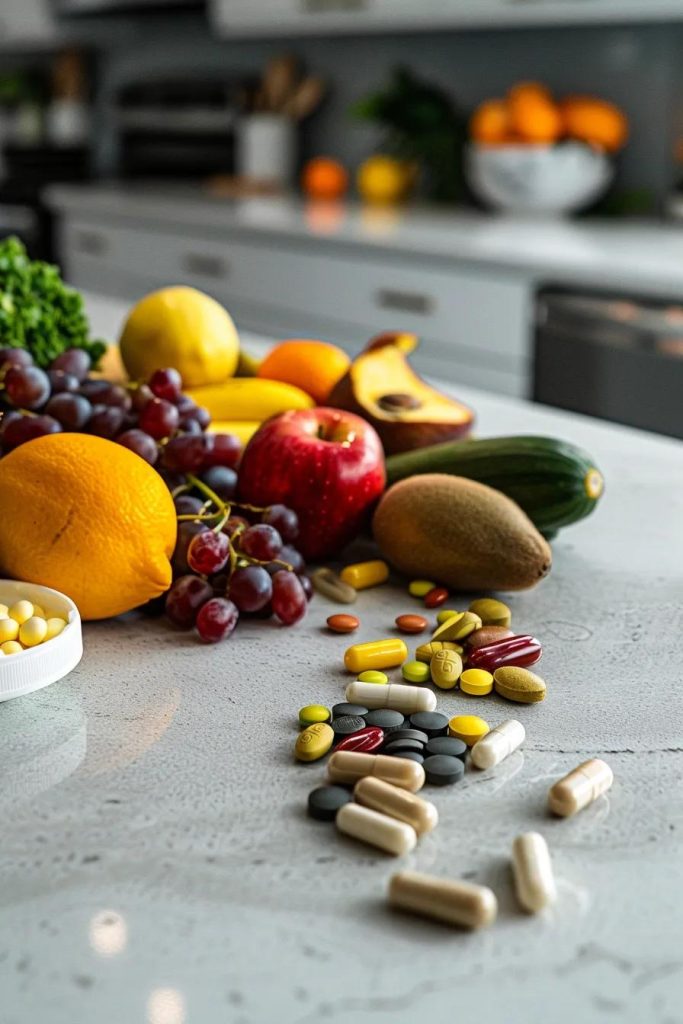 Bright arrangement of multivitamins on a kitchen counter with fresh fruit and vegetables, illustrating the role of dietary supplements